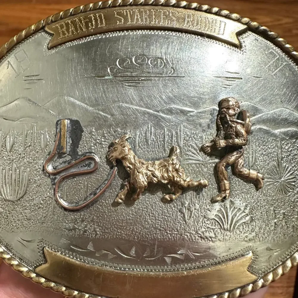 Vintage Irvine & Jachens German Silver 1971 Banjo Stables Rodeo Belt Buckle